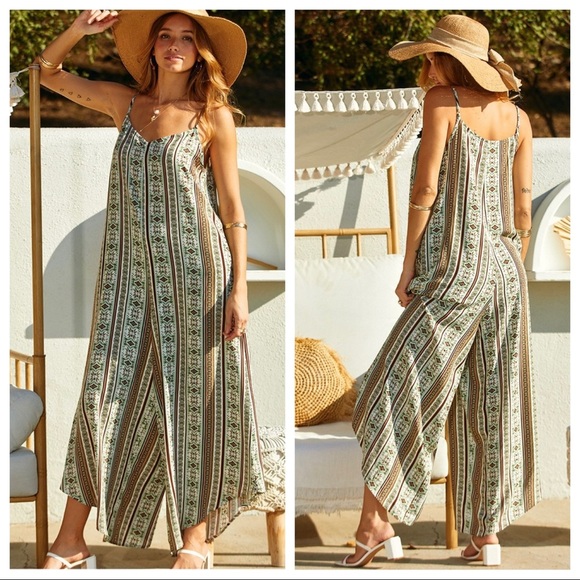 ShopEvelynne Pants - 26 Hippie Chic Floral Tribal Print With Stripe Jumpsuit